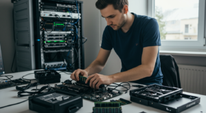 IT guy assembling a gaming computer in a lab