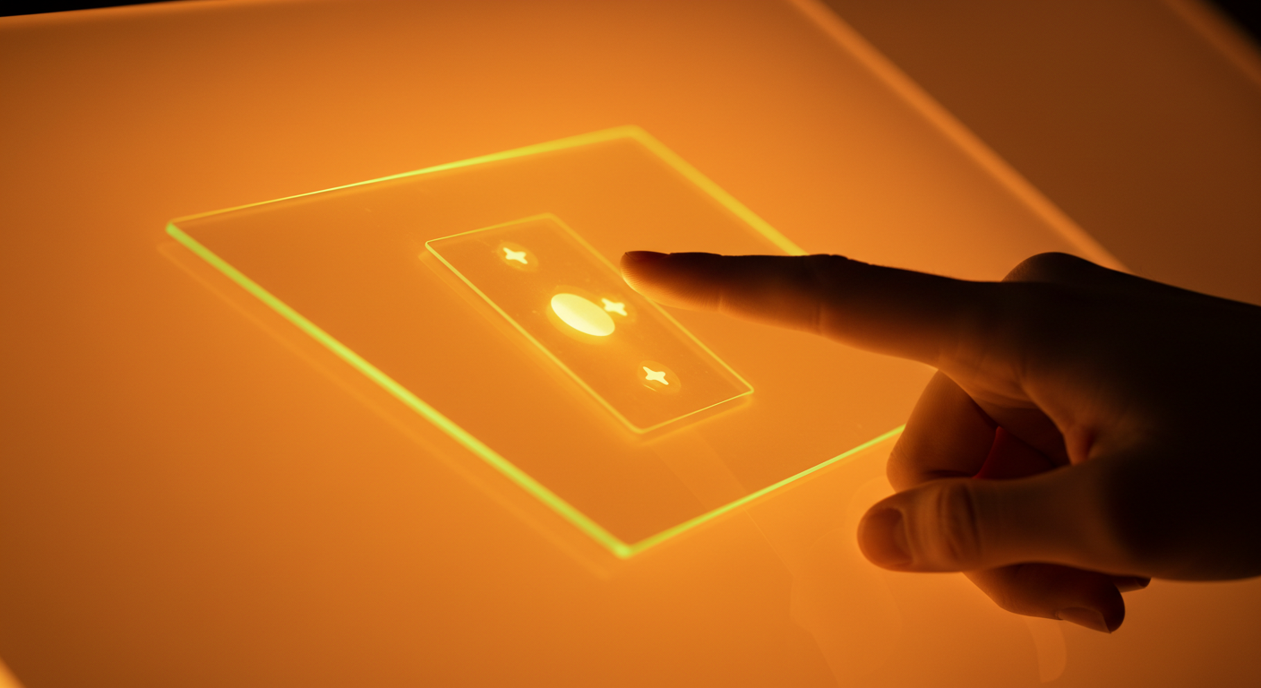 An orange button about to be pressed by a hand